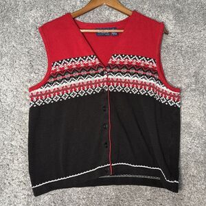 Vtg Liz Claiborne Sweater Vest Cardigan Button Size XL  90s Y2K Black White Red